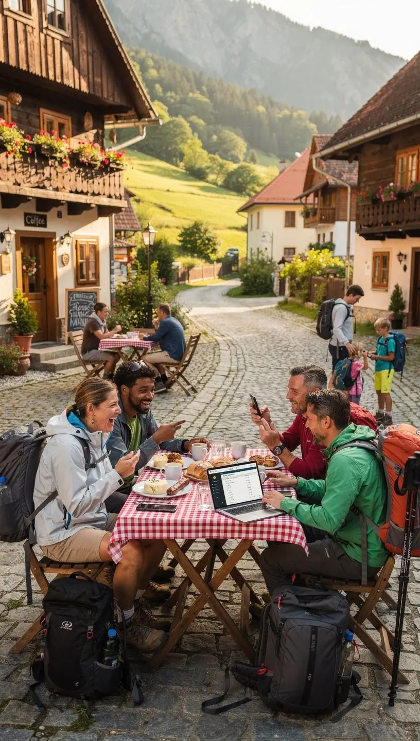 Mapa s vyznačenými pešími chodníkmi, dopravnými spojeniami a alternatívnymi dennými itinerármi pre plánovanie turistických výletov.